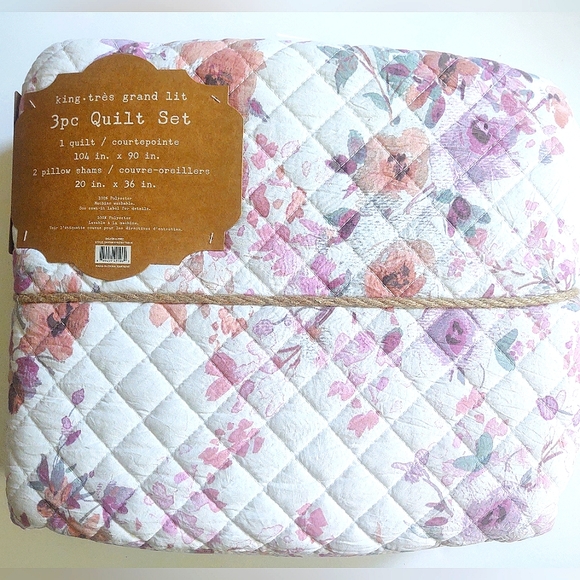 🎁Wildflower Cottages 3pc Quilt Set; Style: Daphnie-Rose Tan-K - Picture 1 of 7